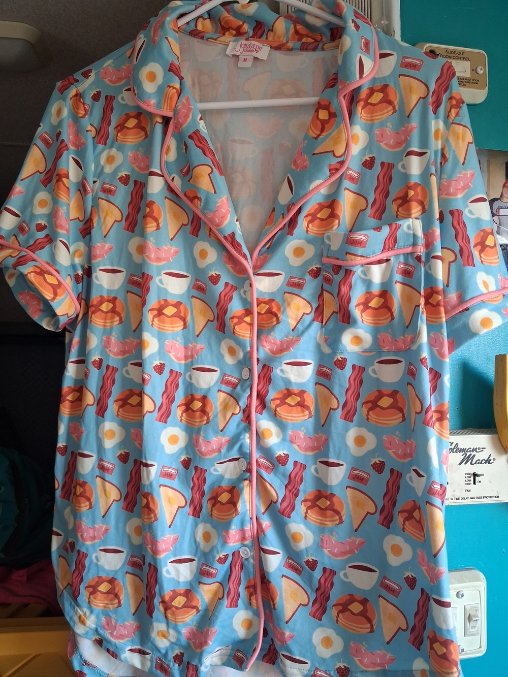 Blue Breakfast Print Button-Up Pajama Top
